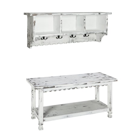 Alaterre Furniture Country Cottage Coat Hooks and Bench Set, White Antique Finish ACCA0304WA